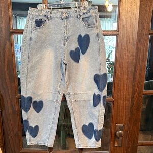 Heart Patterned Blue Barrel Jeans